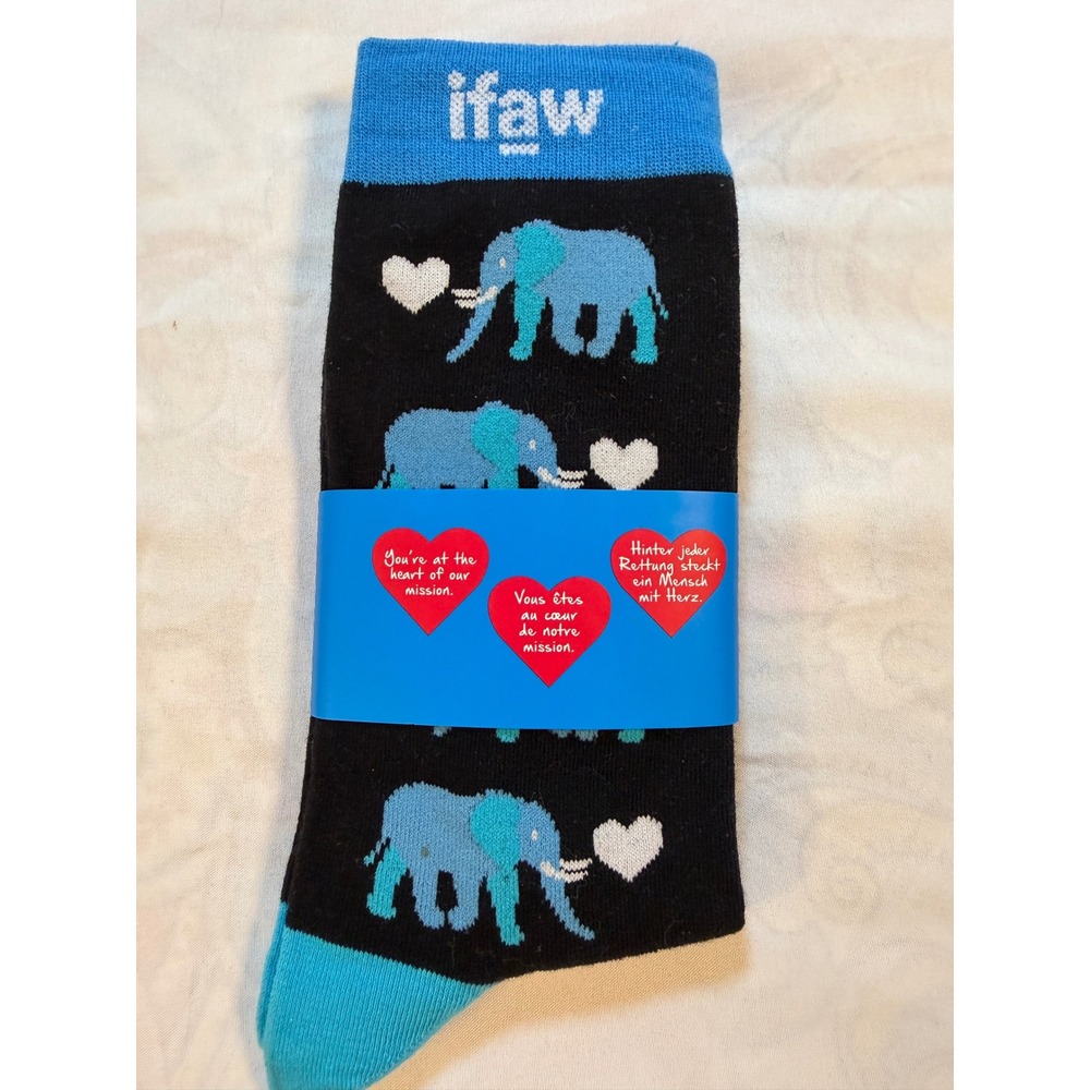 IFAW Elephant Heart Crew Socks Black Blue Animal Welfare Promo Unisex New